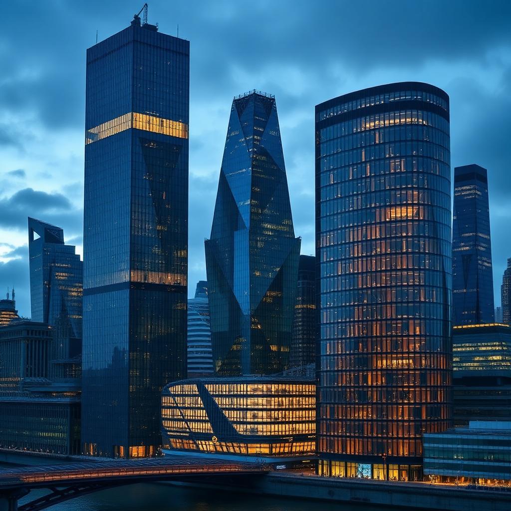 London financial district skyline at blue hour